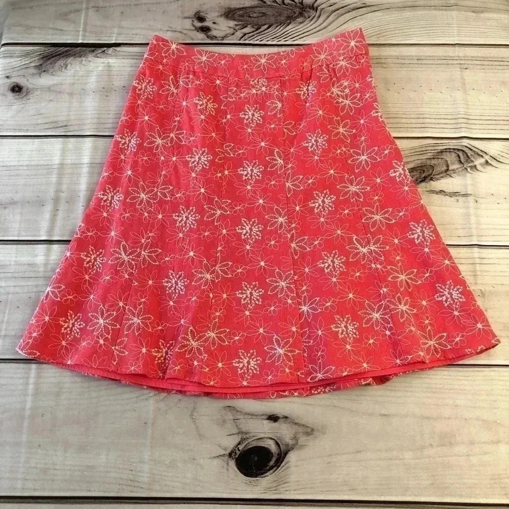 B Moss Floral Embroidered A-Line Skirt Women Size 2 Coral Pink‎ Linen Blend Boho